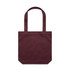 A maroon tote bag with two long handles and a plain design, featuring a logo on one side.