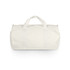A white canvas duffel bag with two handles and a zip closure, featuring a logo on the side.