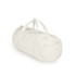 A light cream canvas duffel bag with a zippered pocket and dual handles. It has a simple, clean design.