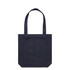 A navy denim tote bag with two handles and a simple square design. It features a logo on the exterior.