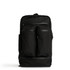 A black recycled travel backpack with multiple zippered compartments and a logo on the front.