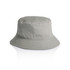A grey bucket hat with a wide brim and a single ventilation hole, featuring a logo on the side.