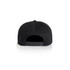 A black surf cotton cap featuring a rear snap closure and a smooth surface. It includes branding on the back.