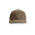A corduroy cap in a muted brown colour with a curved brim and a logo on the front.
