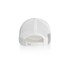 A white foam trucker cap featuring a mesh back and an adjustable strap. It includes a logo on the side.