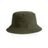 An olive green nylon bucket hat with a wide brim and ventilation eyelets, featuring a logo.