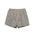 Striped boxer shorts featuring an elastic waistband, in tones of grey and white. The shorts have a loose fit.