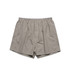 Striped boxer shorts in grey and white with an elastic waistband. Features a branded logo.