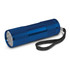 A compact blue torch with a textured body and a wrist strap.