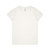 A plain white organic T-shirt with a crew neck and short sleeves, featuring a small logo.