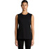 A black sleeveless tank top is displayed, featuring a simple design and a logo on the label.