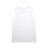 A white tank top with a fitted design, featuring a logo at the neckline.
