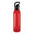 A drink bottle with a translucent red body and black lid.