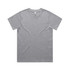 A plain grey T-shirt with short sleeves, featuring a tag inside the neckline and a logo on the hem.