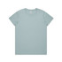 A light blue T-shirt displayed flat, featuring a simple design and a logo label on the collar.