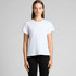 A white women's basic tee with a relaxed fit and short sleeves, displayed against a light background.