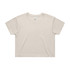 A light beige crop tee with a relaxed fit, featuring a simple design and a logo on the label.