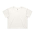 A white crop tee with a relaxed fit. The shirt features short sleeves and has a logo.