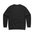 A black sweater with a simple, unadorned design and a logo on the back.