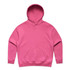 A pink hoodie with a front pocket and a large hood. The garment features a logo.