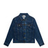 A denim jacket in dark blue with a classic front design, featuring pockets and a logo.