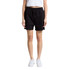 Black sports shorts with an elastic waistband, styled above the knee, worn by a model. Features a logo.