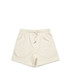 A pair of cream-coloured sports shorts with an elastic waistband and drawstring, featuring a logo.