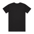 A black T-shirt with short sleeves and a classic crew neck. Features a logo on the back.
