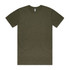 An olive green T-shirt with a crew neck and short sleeves, featuring a label inside.