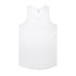 A white singlet with a rounded hemline, featuring a logo on the back.