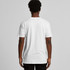 A white organic t-shirt is displayed from the back, featuring a simple design and a logo.
