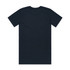 A dark navy T-shirt with short sleeves and a plain back, featuring a branding logo.
