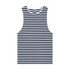 A sleeveless shirt featuring a navy and white striped pattern, with a brand logo on the label.