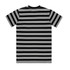 A black and white striped T-shirt with short sleeves and a classic design, featuring a logo on the back.
