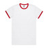 A white T-shirt with red trim around the collar and sleeves. The shirt features a label and branding.