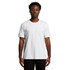 A white T-shirt with short sleeves, featuring a simple design and a logo on it.