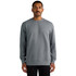 A grey hoodie featuring a round neck and long sleeves, worn by a man with a moustache. The product has a logo.