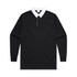 A long-sleeve black rugby jersey with a white collar and a front zip. It features a logo on the chest.