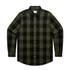A button-up shirt featuring a green and black check pattern, with a collar and long sleeves. It has a logo.
