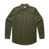 A button-up cord shirt in olive green with two chest pockets and a collared neckline. It features long sleeves and a logo.