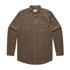 A button-up cord shirt in a muted brown colour with two chest pockets and a collar. It features a logo.