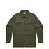 A khaki green chore jacket with a collared neck and four front pockets. The jacket features a logo on the label.