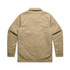 A tan service jacket with long sleeves and a collar, featuring buttons and a logo on the back.