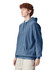 A blue adult hooded sweatshirt with a front pocket and a drawstring hood is displayed on a male model.