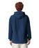 A navy adult hooded sweatshirt, viewed from the back, featuring a large hood and a branding logo.