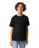 A black short sleeve T-shirt for youth, featuring a simple design and a logo on the label.