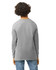 A youth long sleeve T-shirt in grey, featuring a logo, displayed from the back.