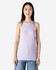 A women's racerneck tank in lavender, featuring a fitted silhouette and a logo. The model is wearing loose-fitting jeans.