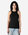 A black racerneck tank top for women with a fitted design and a logo. Ideal for casual wear.