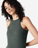 A dark green women's racerback tank top with a fitted design and straps, featuring a branding logo.